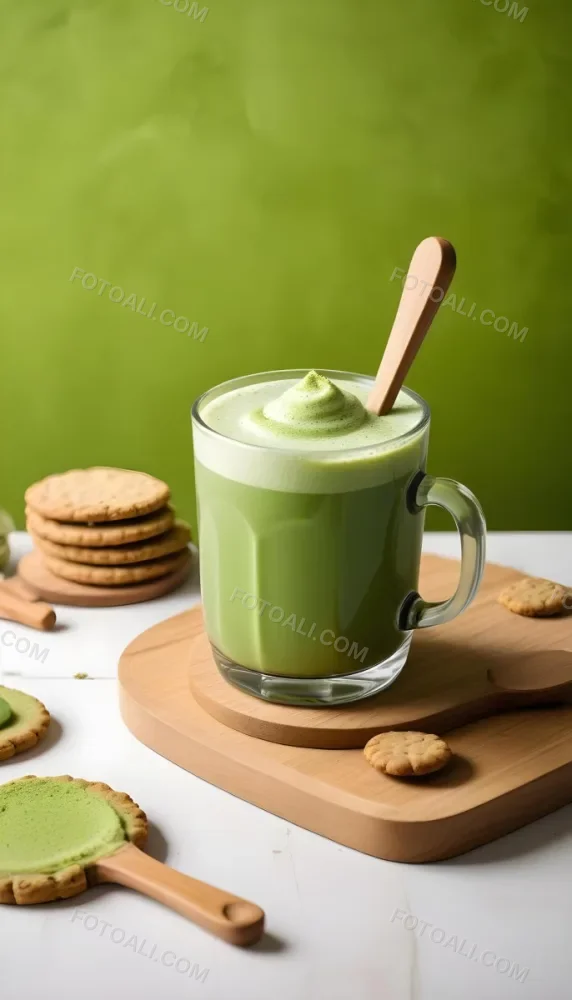 A Glass Of Matcha Latte With A Wooden Spoon On A Wooden Coaster With A Green Background And Some Cookies 24 489a