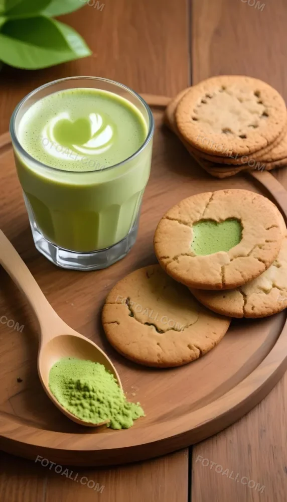 A Glass Of Matcha Latte With A Wooden Spoon On A Wooden Coaster With A Green Background And Some Cookies 3 44ce