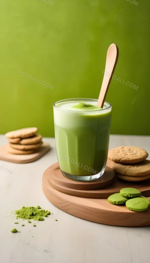 A Glass Of Matcha Latte With A Wooden Spoon On A Wooden Coaster With A Green Background And Some Cookies 6 5114
