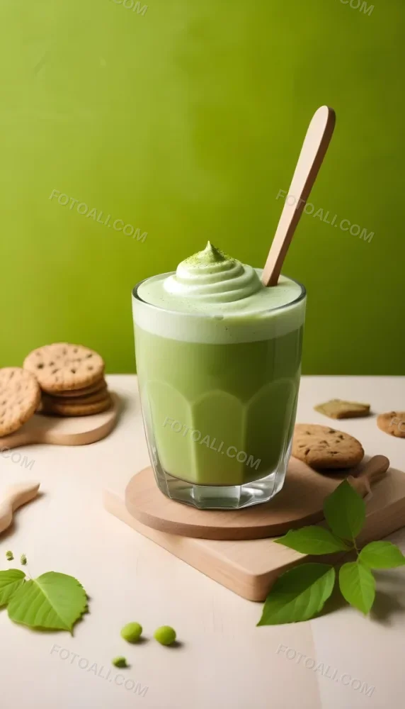 A Glass Of Matcha Latte With A Wooden Spoon On A Wooden Coaster With A Green Background And Some Cookies 7 6a25
