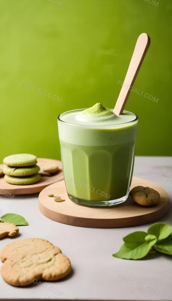 A Glass Of Matcha Latte With A Wooden Spoon On A Wooden Coaster With A Green Background And Some Cookies 8 Dc67