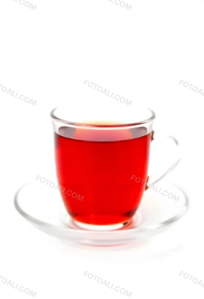 A Glass Of Red Tea On A Glass Saucer White Background 22 41ea