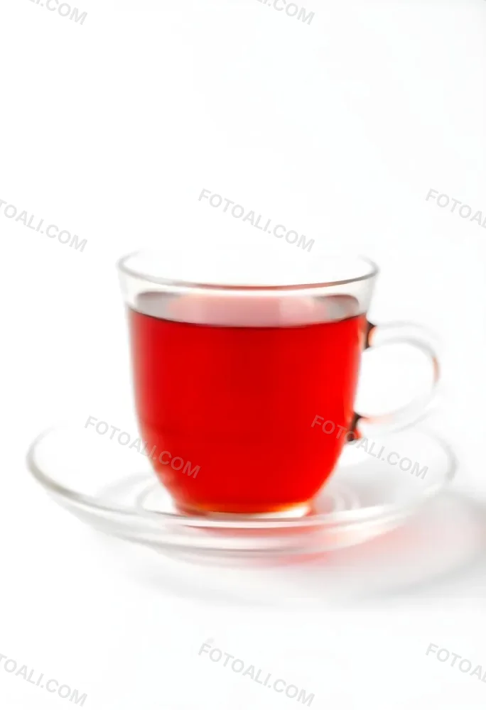 A Glass Of Red Tea On A Glass Saucer White Background 28 41f7