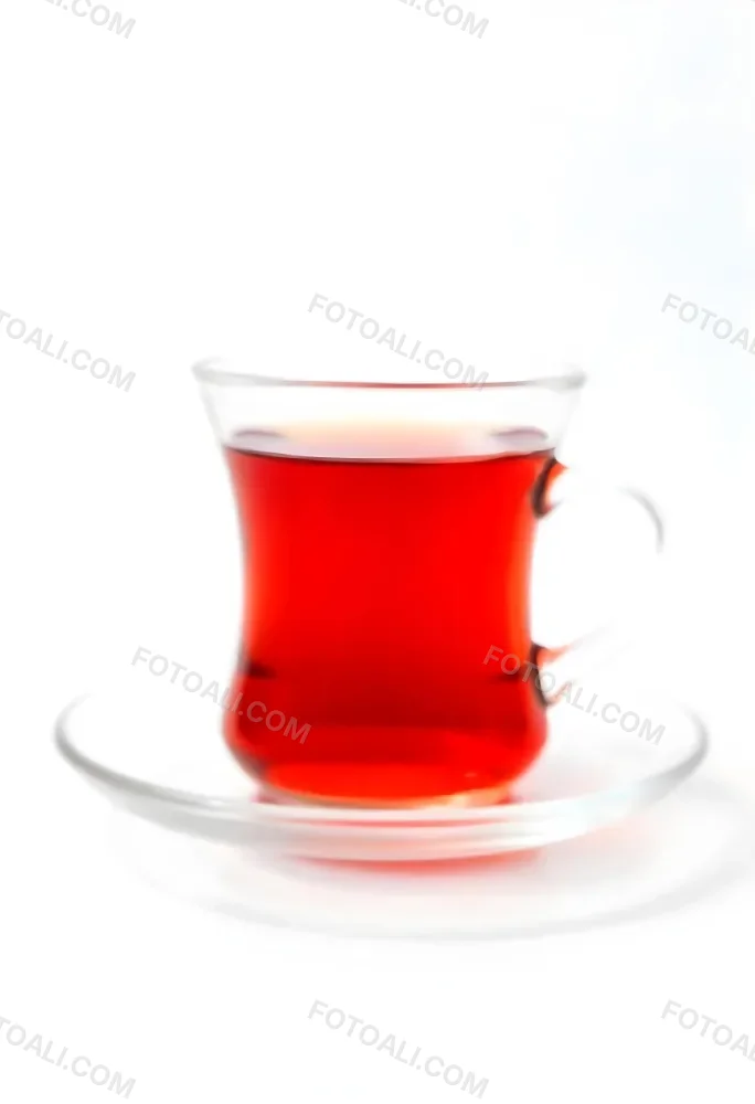 A Glass Of Red Tea On A Glass Saucer White Background 6 F201