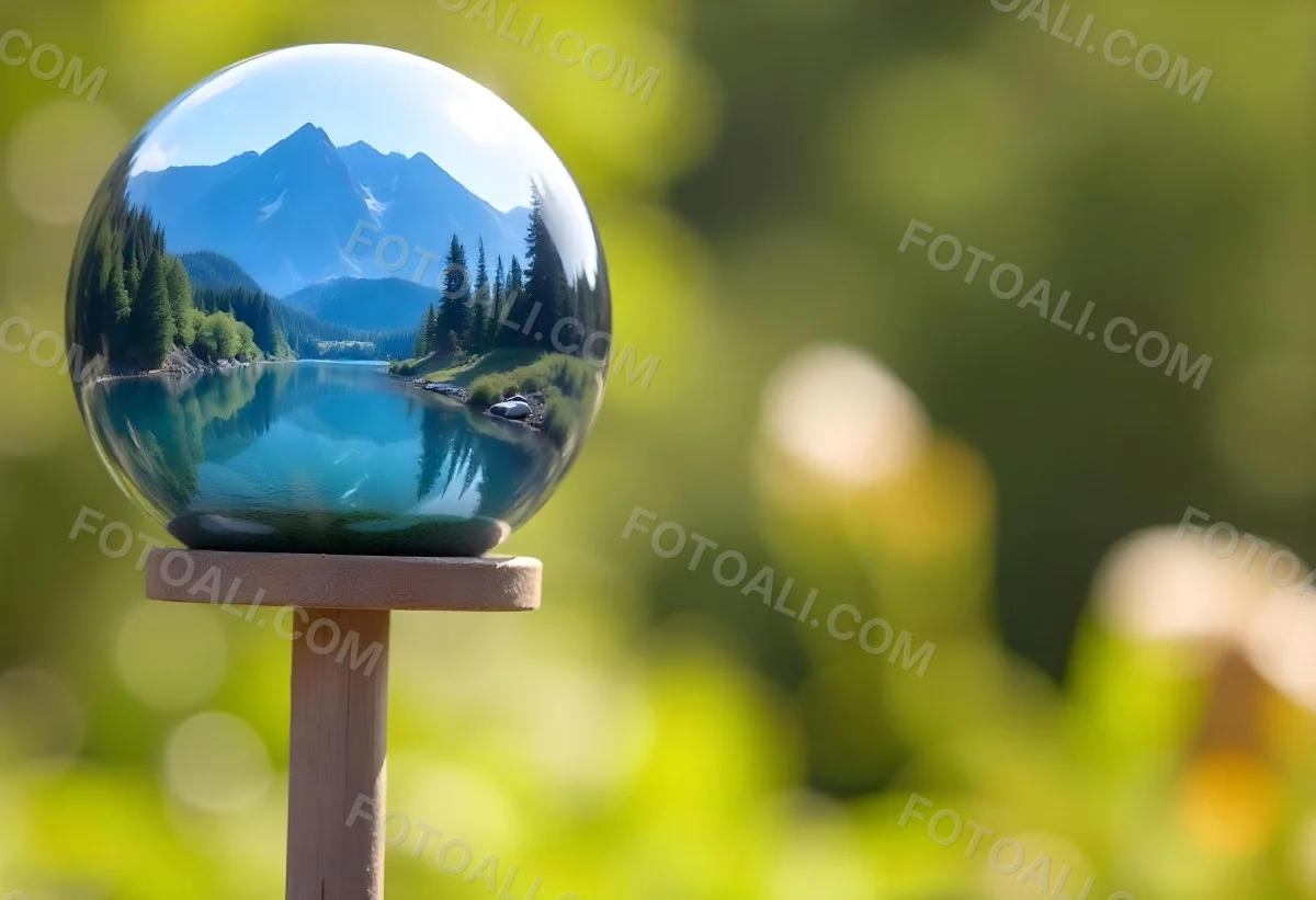 A Glass Sphere Reflecting A Scenic Landscape With Mountains A Lake And Pine Trees In The Background With A Blurred Green Foreground 22