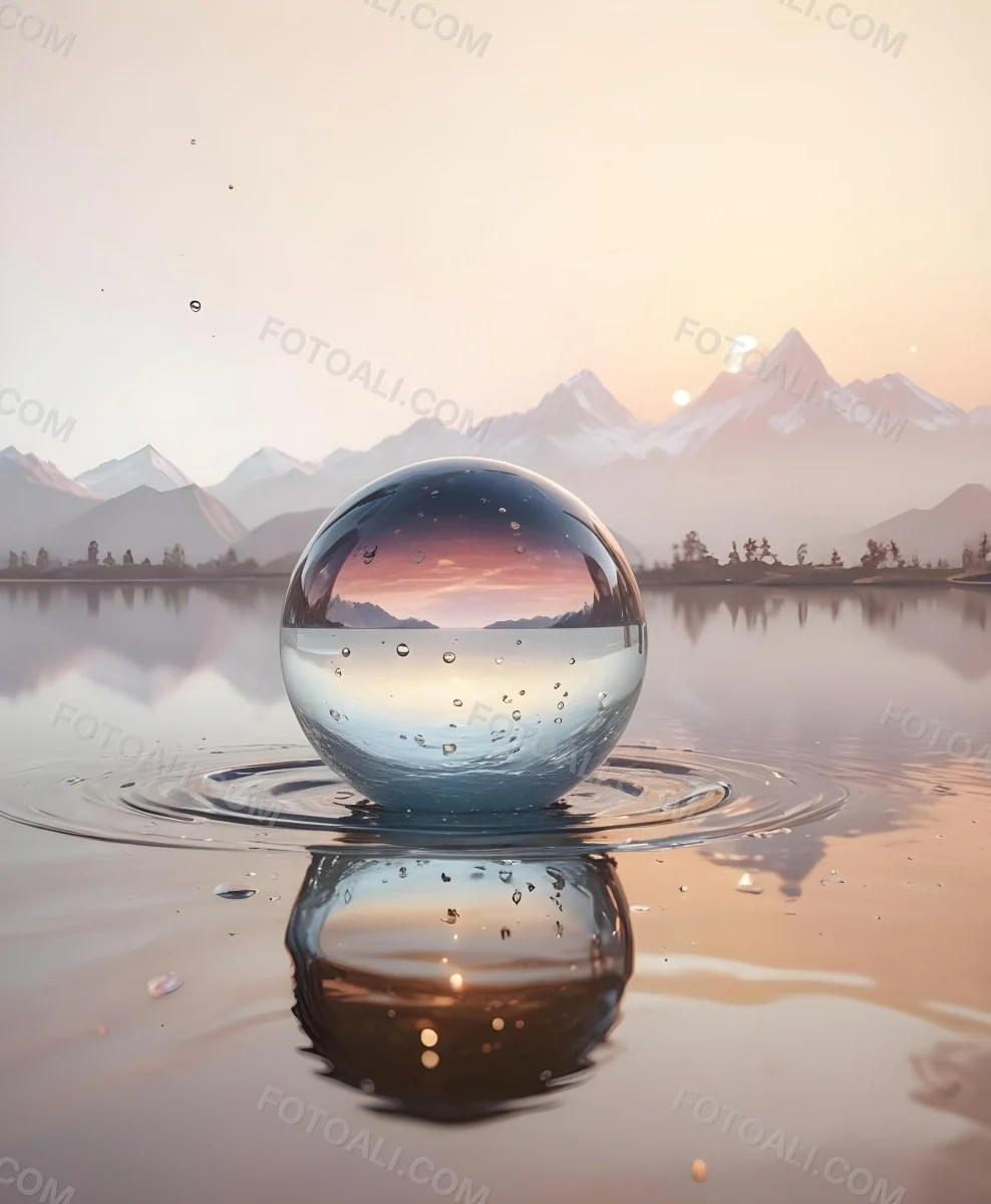 A Glass Sphere Reflecting The Sunset On A Body Of Water With Water Droplets On The Surface Surrounded By Mountains During Dusk With Clear Skies 13 413c