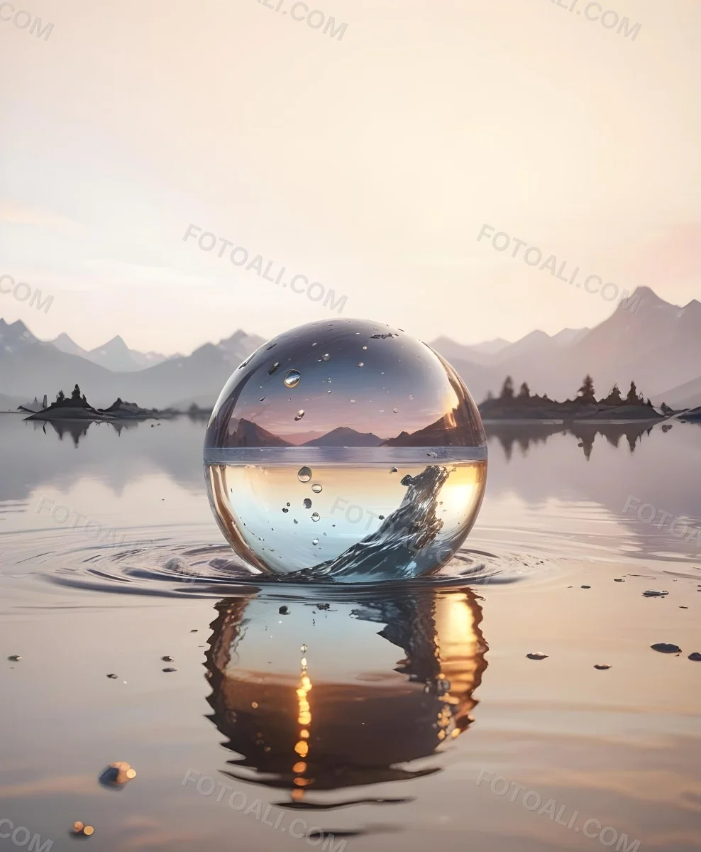 A Glass Sphere Reflecting The Sunset On A Body Of Water With Water Droplets On The Surface Surrounded By Mountains During Dusk With Clear Skies 14 7adf
