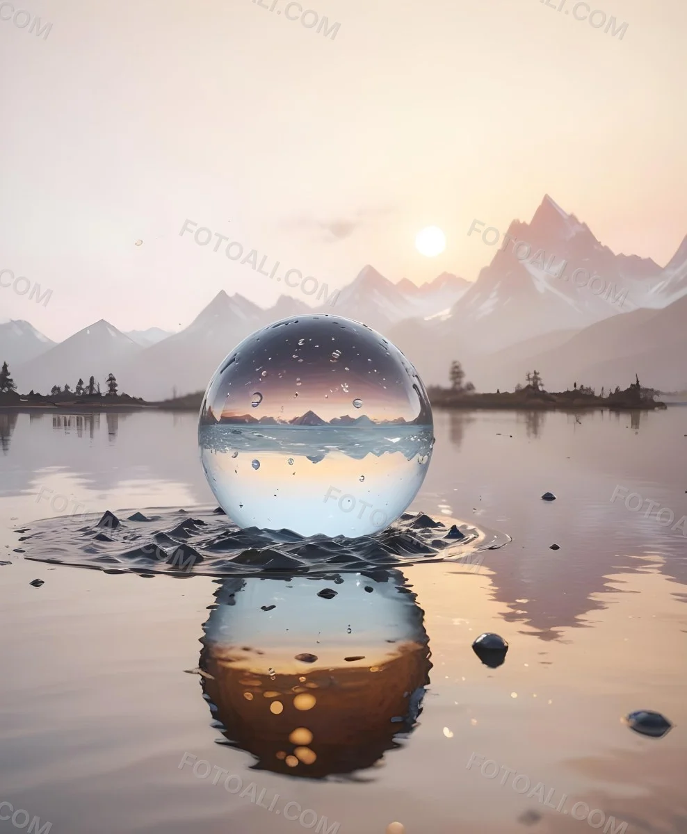 A Glass Sphere Reflecting The Sunset On A Body Of Water With Water Droplets On The Surface Surrounded By Mountains During Dusk With Clear Skies 19 B41c