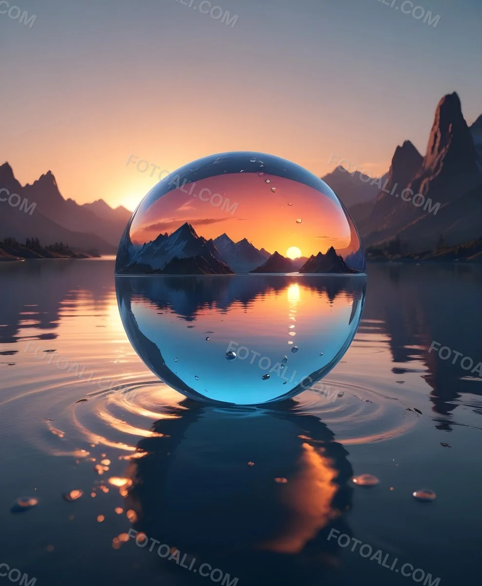 A Glass Sphere Reflecting The Sunset On A Body Of Water With Water Droplets On The Surface Surrounded By Mountains During Dusk With Clear Skies 25 2290