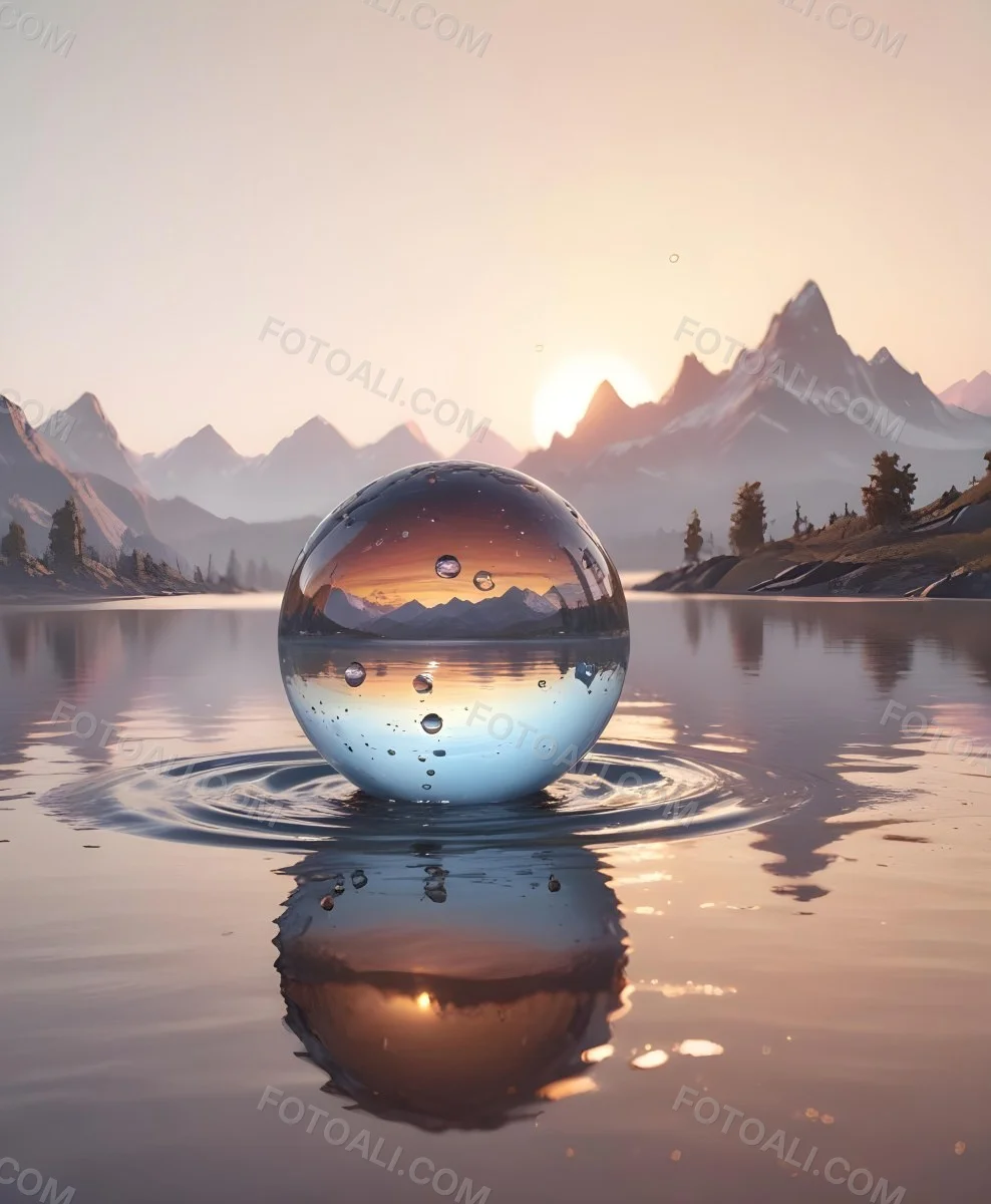 A Glass Sphere Reflecting The Sunset On A Body Of Water With Water Droplets On The Surface Surrounded By Mountains During Dusk With Clear Skies 26 3f79