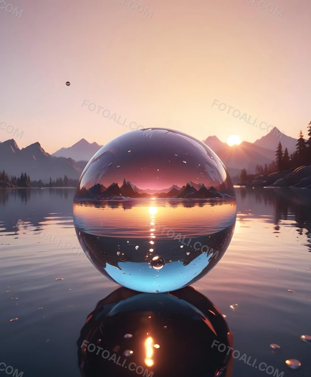 A Glass Sphere Reflecting The Sunset On A Body Of Water With Water Droplets On The Surface Surrounded By Mountains During Dusk With Clear Skies 29 C6fb