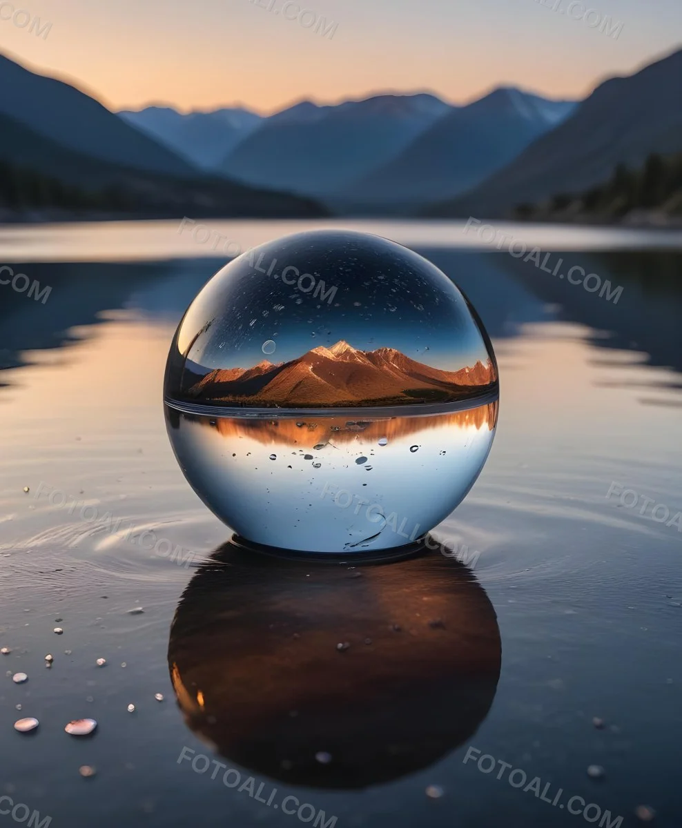 A Glass Sphere Reflecting The Sunset On A Body Of Water With Water Droplets On The Surface Surrounded By Mountains During Dusk With Clear Skies 33 51d8