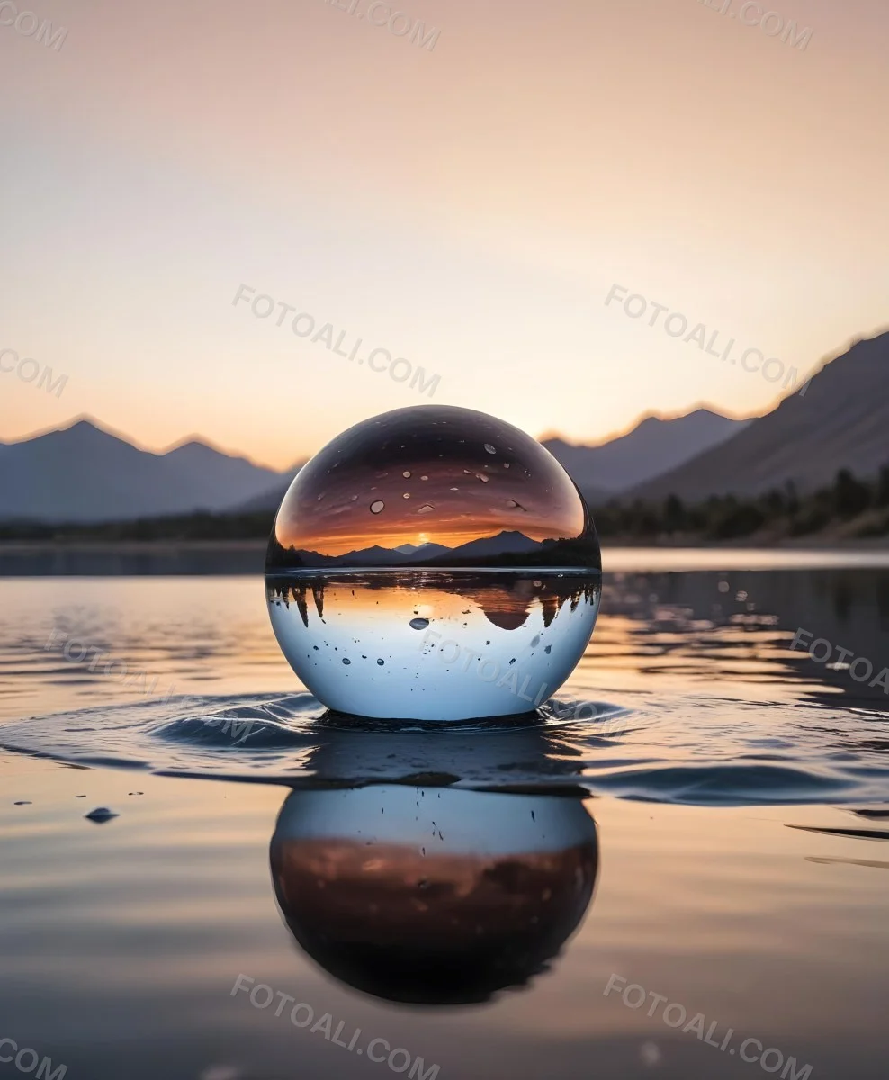A Glass Sphere Reflecting The Sunset On A Body Of Water With Water Droplets On The Surface Surrounded By Mountains During Dusk With Clear Skies 40 6fd9