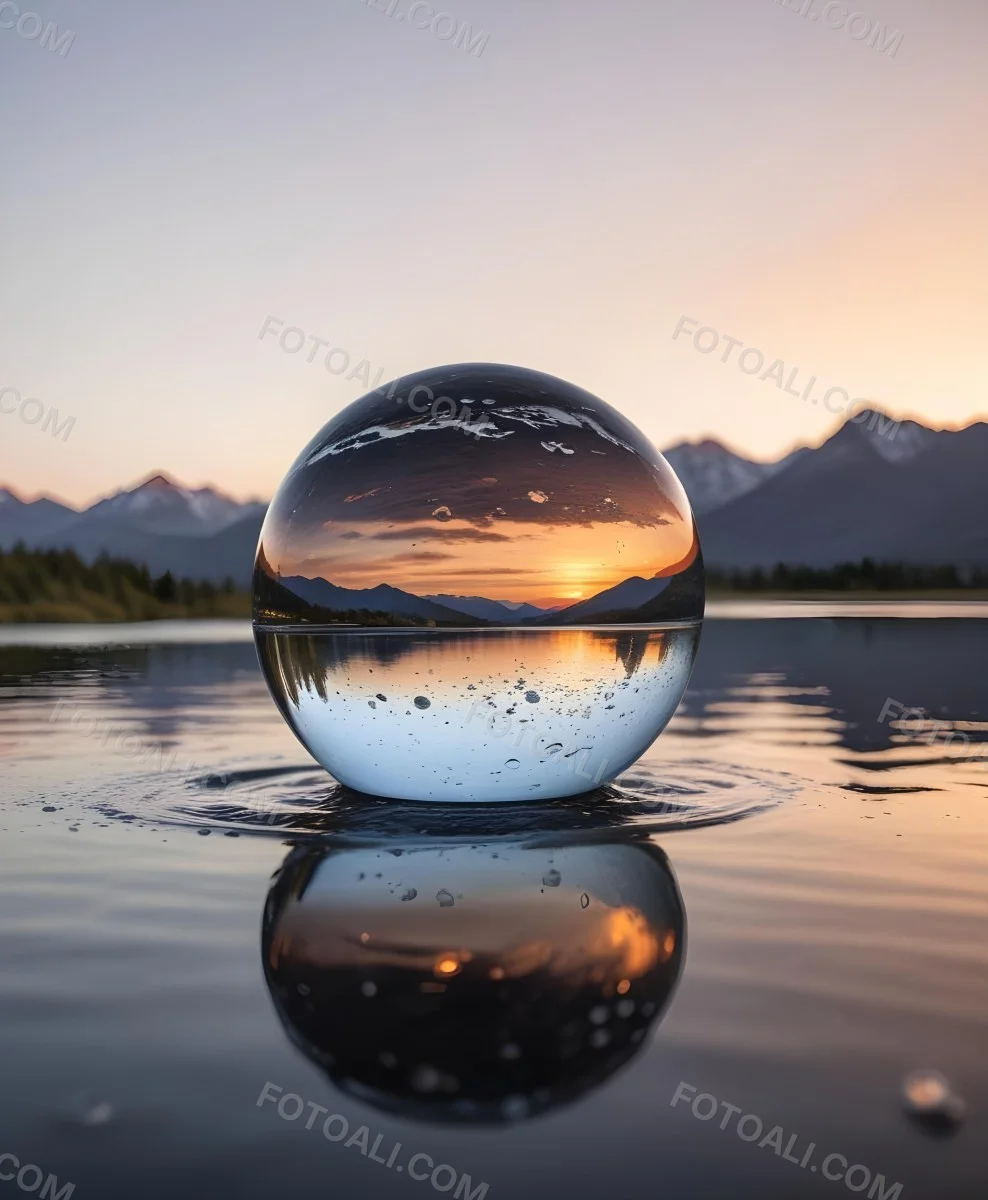 A Glass Sphere Reflecting The Sunset On A Body Of Water With Water Droplets On The Surface Surrounded By Mountains During Dusk With Clear Skies 42 Fab4