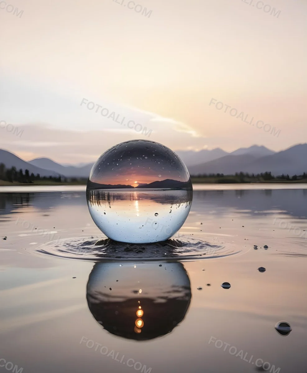 A Glass Sphere Reflecting The Sunset On A Body Of Water With Water Droplets On The Surface Surrounded By Mountains During Dusk With Clear Skies 46 0027