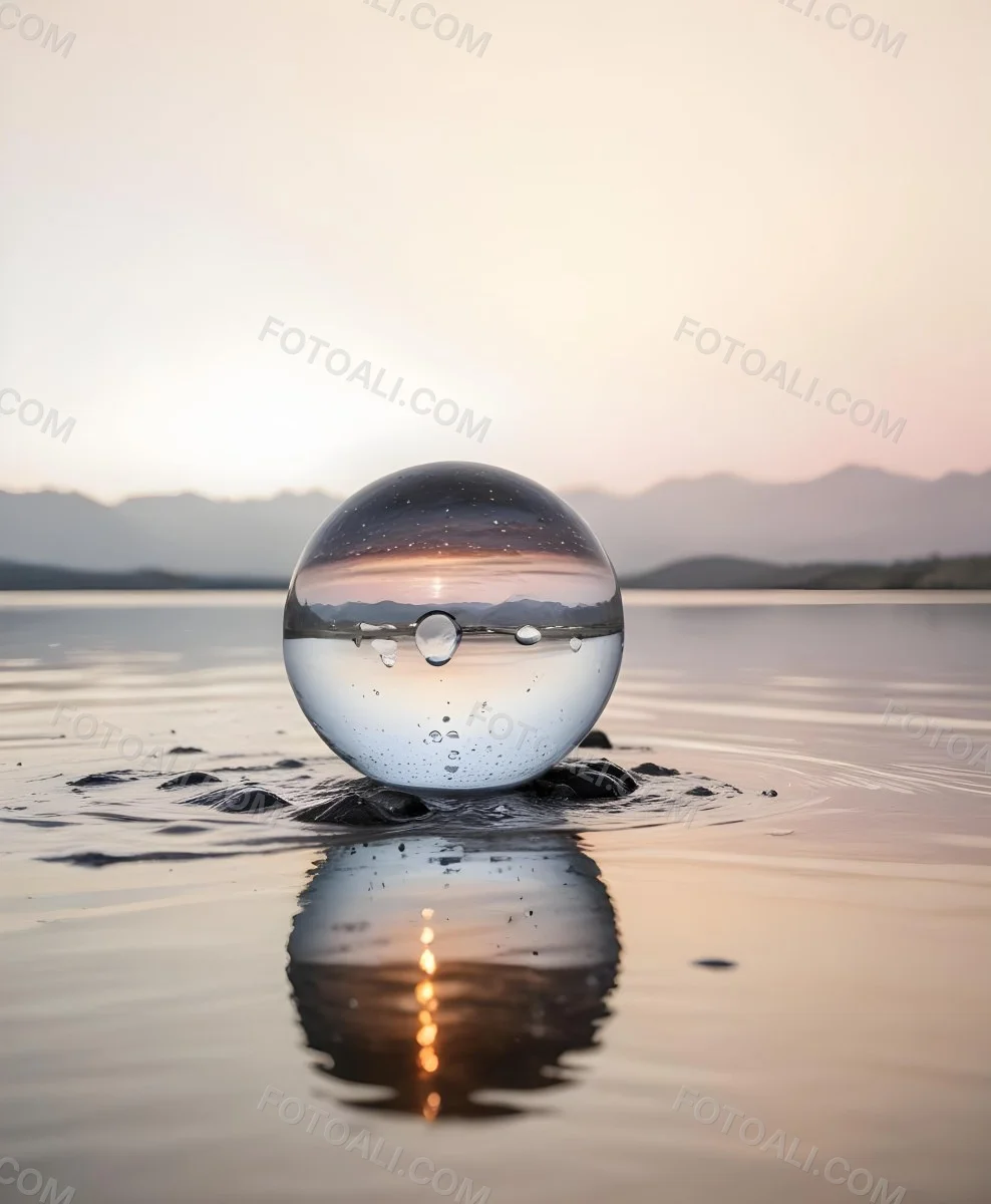 A Glass Sphere Reflecting The Sunset On A Body Of Water With Water Droplets On The Surface Surrounded By Mountains During Dusk With Clear Skies 54 E7ef