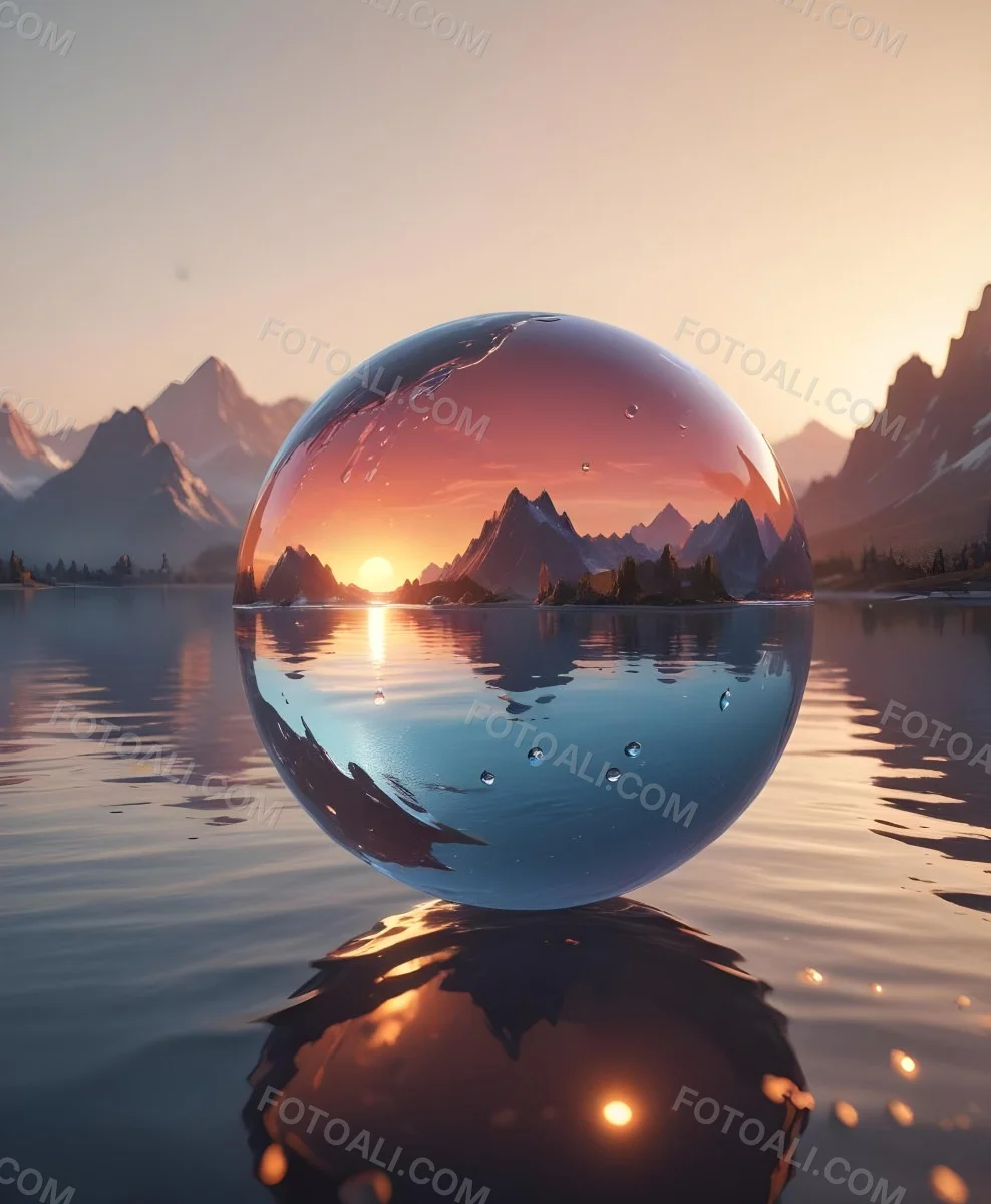 A Glass Sphere Reflecting The Sunset On A Body Of Water With Water Droplets On The Surface Surrounded By Mountains During Dusk With Clear Skies 6 1bf8