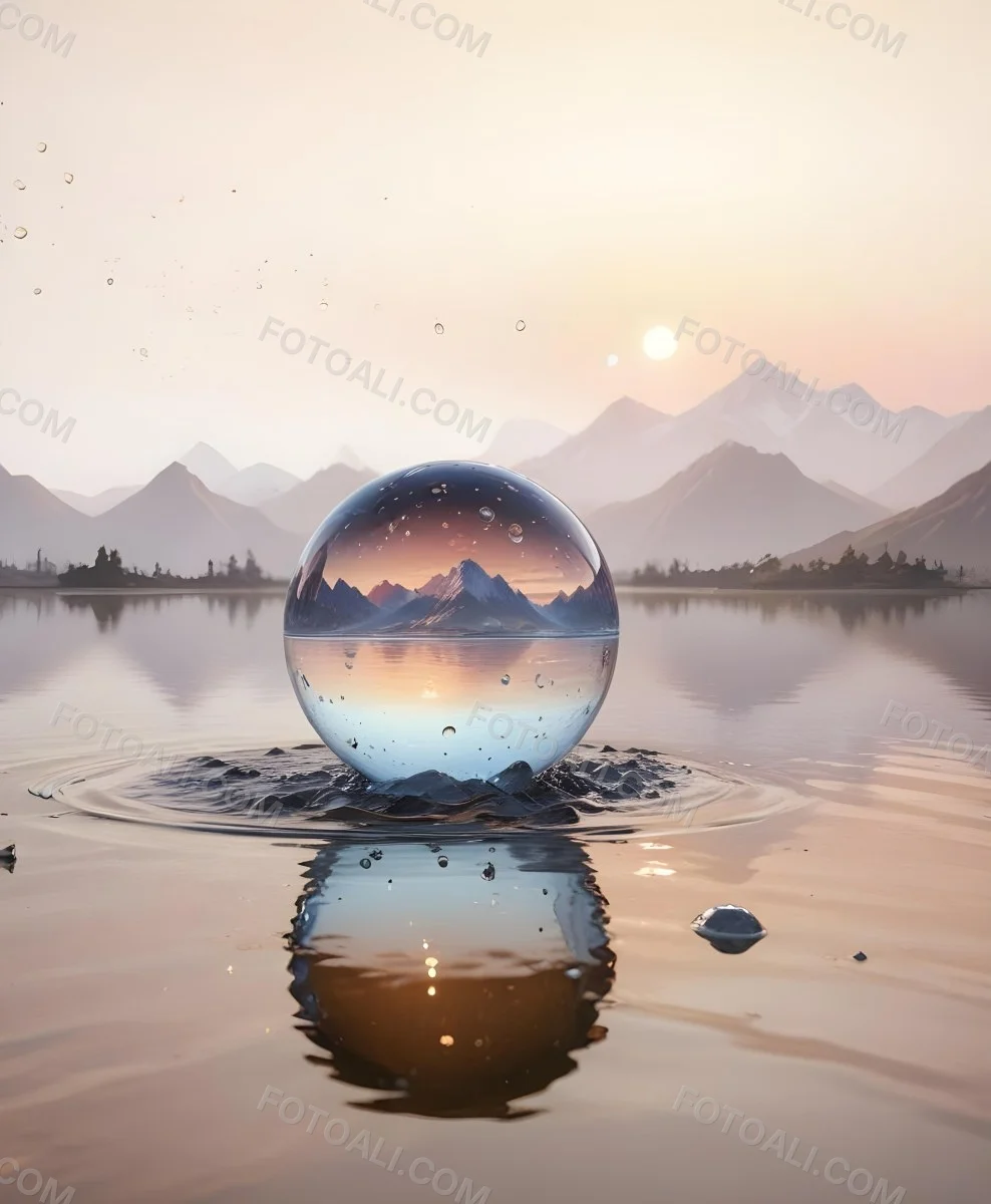 A Glass Sphere Reflecting The Sunset On A Body Of Water With Water Droplets On The Surface Surrounded By Mountains During Dusk With Clear Skies 7 E92c