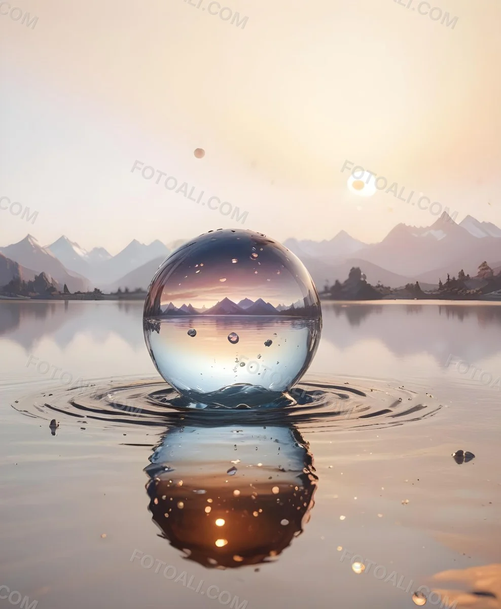 A Glass Sphere Reflecting The Sunset On A Body Of Water With Water Droplets On The Surface Surrounded By Mountains During Dusk With Clear Skies 8 Fb46
