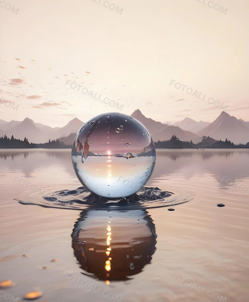 A Glass Sphere Reflecting The Sunset On A Body Of Water With Water Droplets On The Surface Surrounded By Mountains During Dusk With Clear Skies 9 6ce2