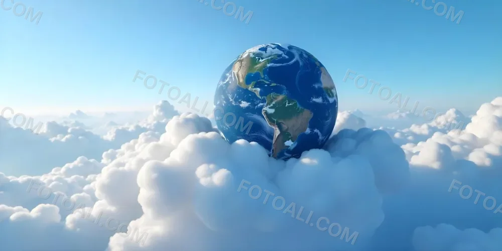 A Globe On Top Of A Cloud In A Blue Sky The Earth Is Seen From Space With Clouds And Continents 15 E7c5