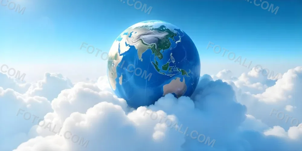 A Globe On Top Of A Cloud In A Blue Sky The Earth Is Seen From Space With Clouds And Continents 28 4685