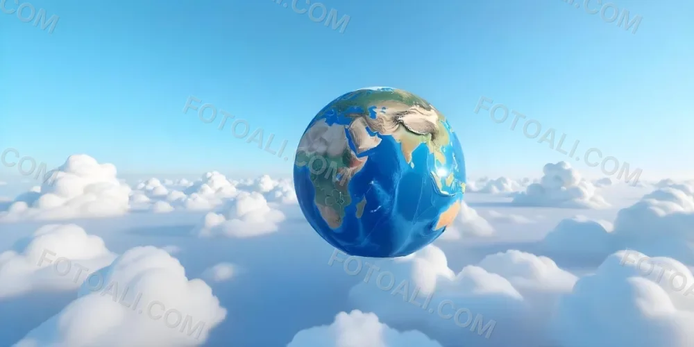 A Globe On Top Of A Cloud In A Blue Sky The Earth Is Seen From Space With Clouds And Continents 5 Be73