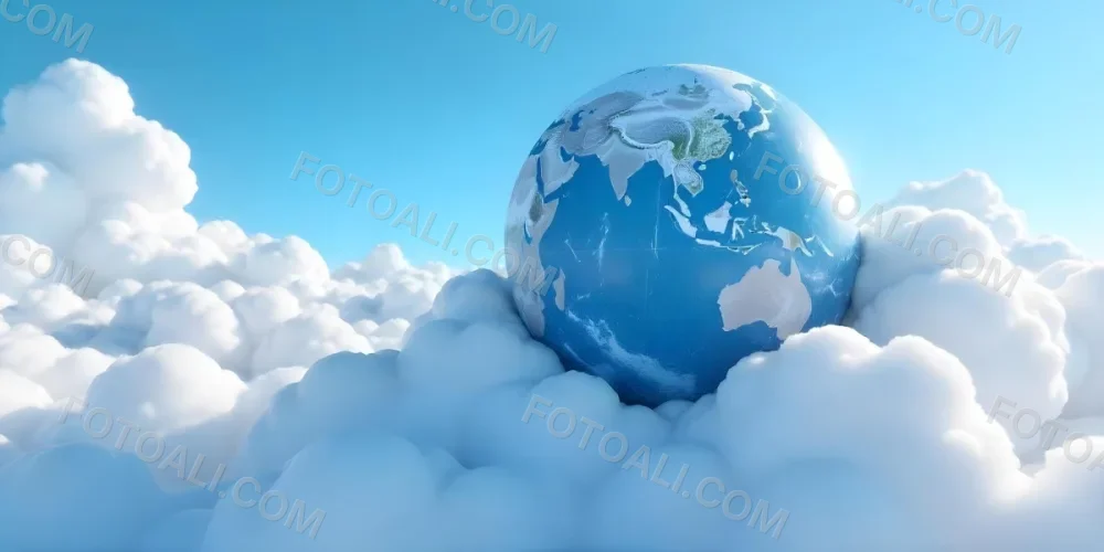 A Globe On Top Of A Cloud In A Blue Sky The Earth Is Seen From Space With Clouds And Continents 7 727d