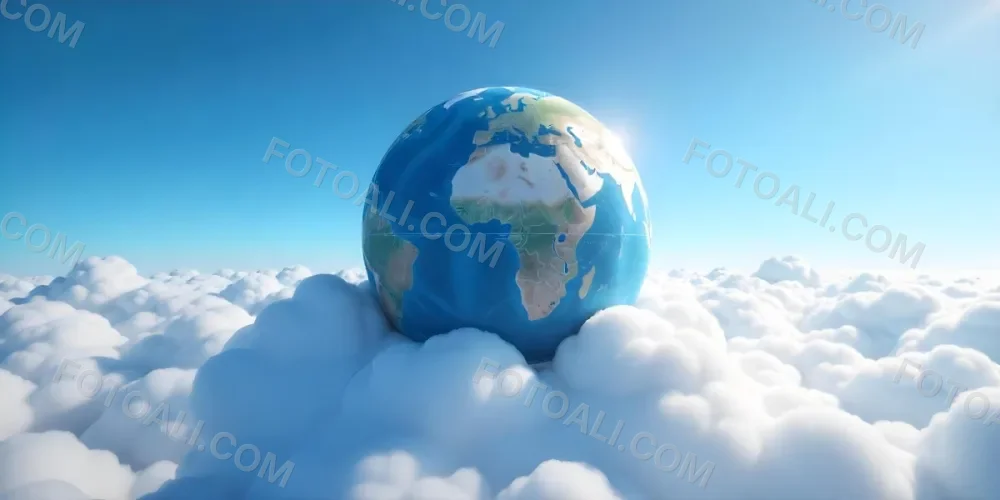 A Globe On Top Of A Cloud In A Blue Sky The Earth Is Seen From Space With Clouds And Continents 9 Be10