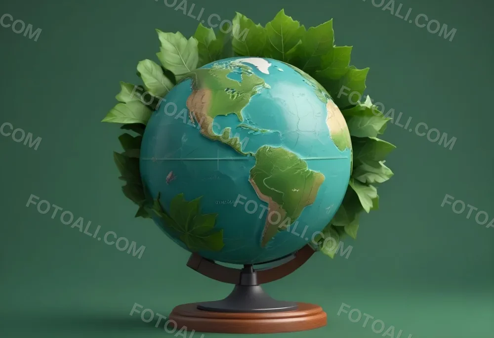 A Globe On Top Of A Green Leaf The Globe Shows The Continents And Oceans The Leaf Has Visible Veins Green Background 2 04ae