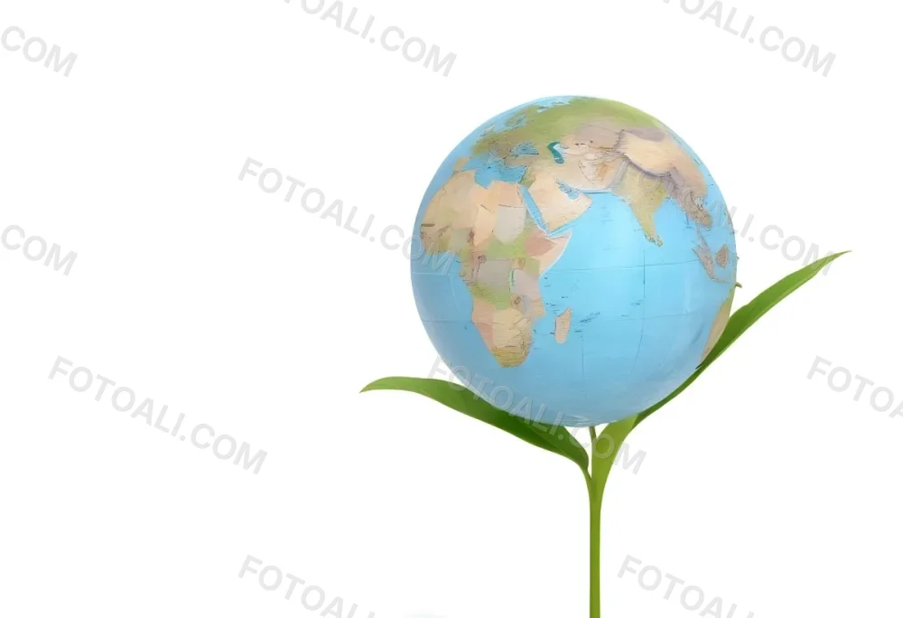 A Globe On Top Of A Green Plant With Two Leaves The Background Is Plain White 21 4110