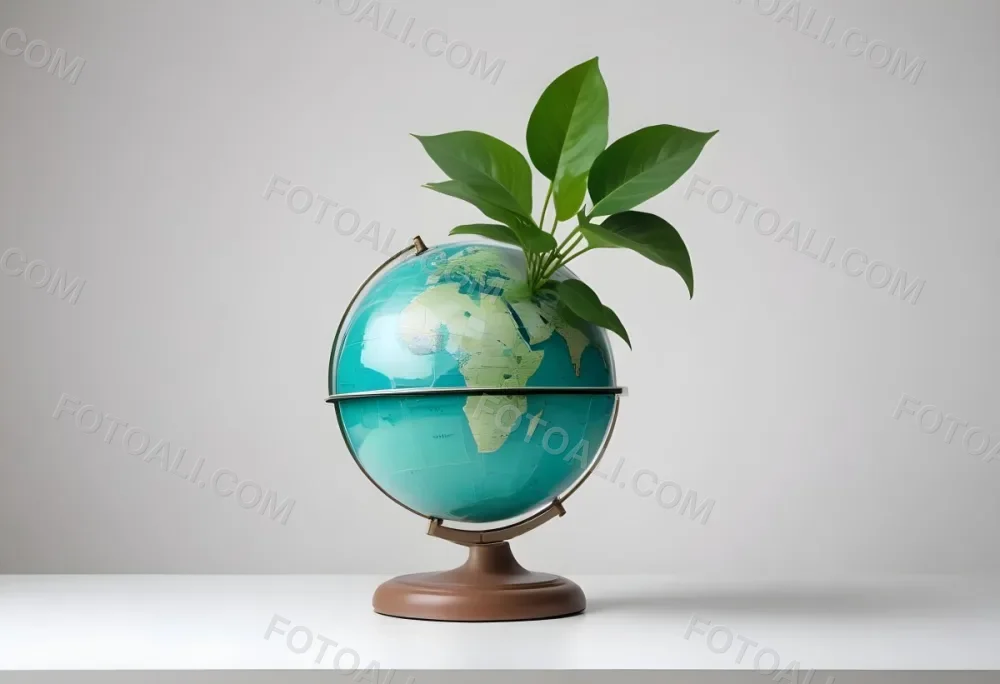 A Globe On Top Of A Green Plant With Two Leaves The Background Is Plain White 45 13e5