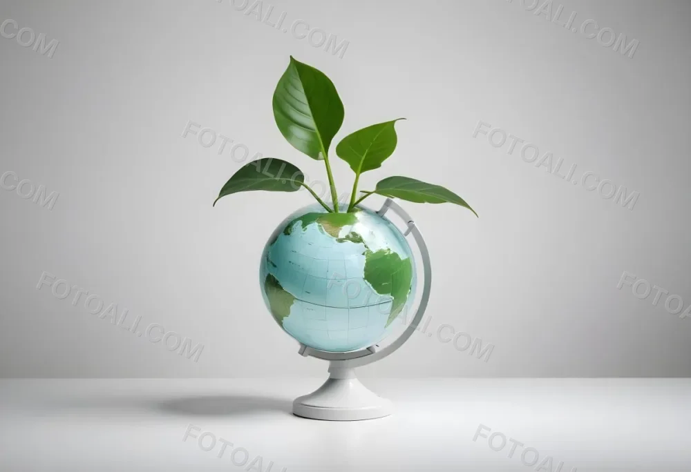 A Globe On Top Of A Green Plant With Two Leaves The Background Is Plain White 58 C967