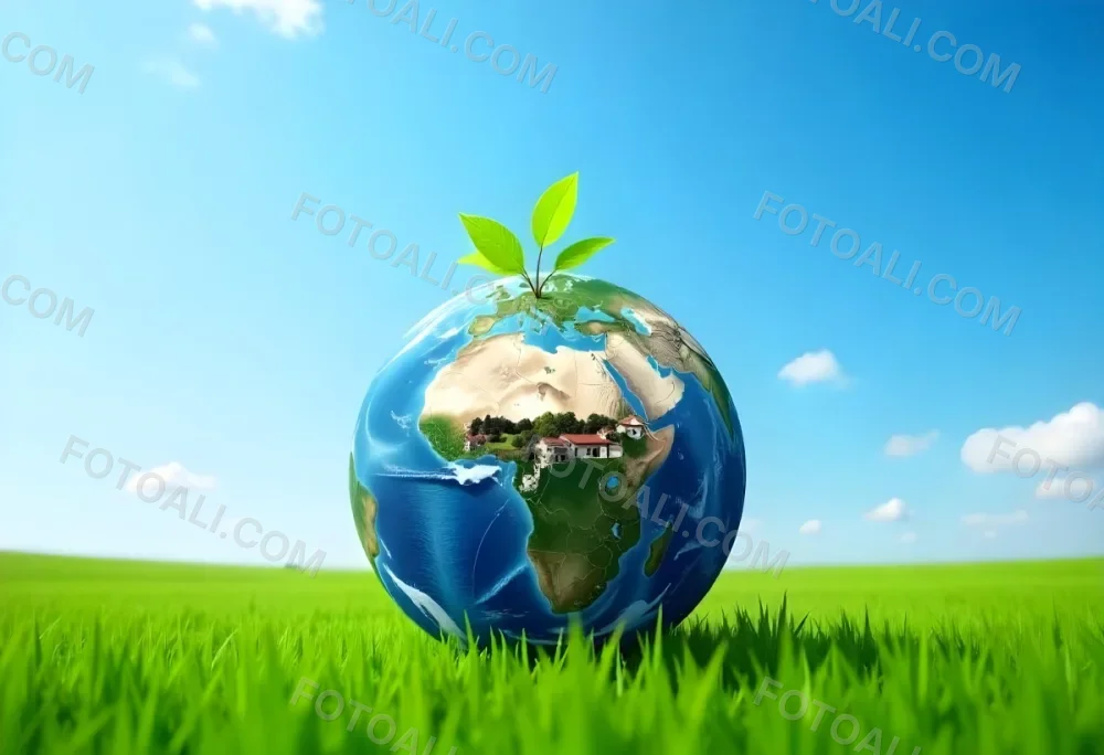 A Globe With A Plant Growing Inside On A Green Grass Field With A Clear Blue Sky In The Background Symbolizing Environmental Conservation And Sustainability 19 B513