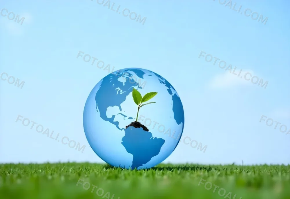 A Globe With A Plant Growing Inside On A Green Grass Field With A Clear Blue Sky In The Background Symbolizing Environmental Conservation And Sustainability 32 Ae82