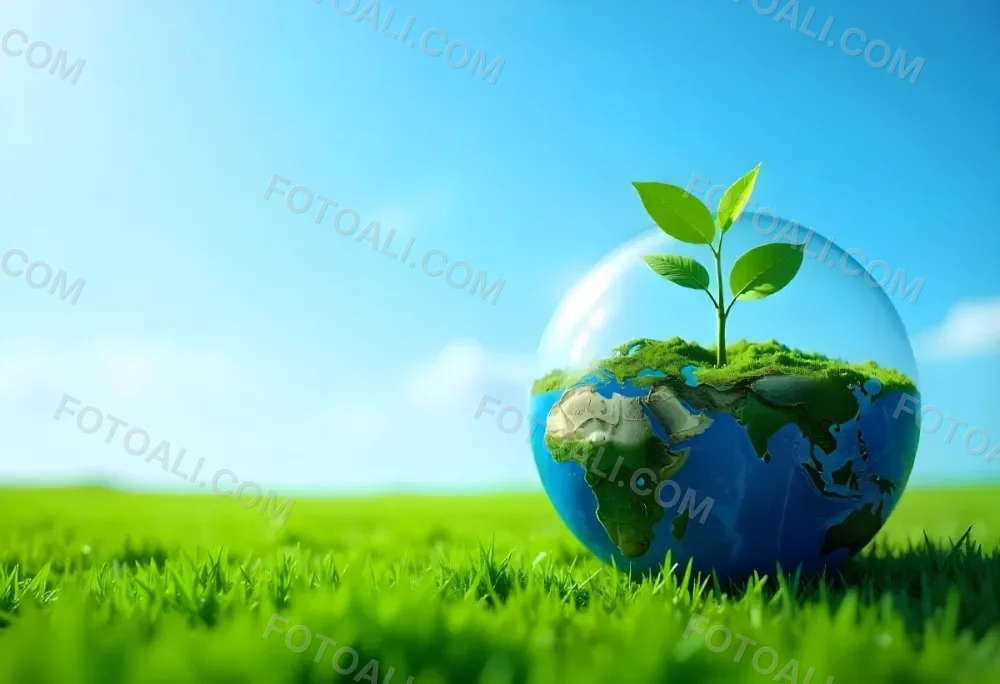 A Globe With A Plant Growing Inside On A Green Grass Field With A Clear Blue Sky In The Background Symbolizing Environmental Conservation And Sustainability 4 4e4e