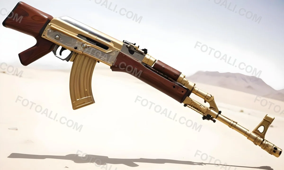 A Golden Ak 47 Assault Rifle With A Wooden Stock Featuring Silver Accents And A Synthetic Stock Set Against A Desert Landscape 1 03f8