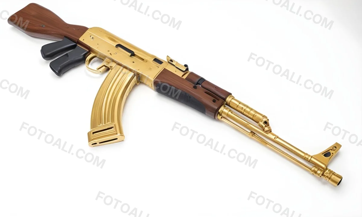 A Golden Ak 47 Assault Rifle With A Wooden Stock Featuring Silver Accents And A Synthetic Stock Set Against A Desert Landscape 10 5e38