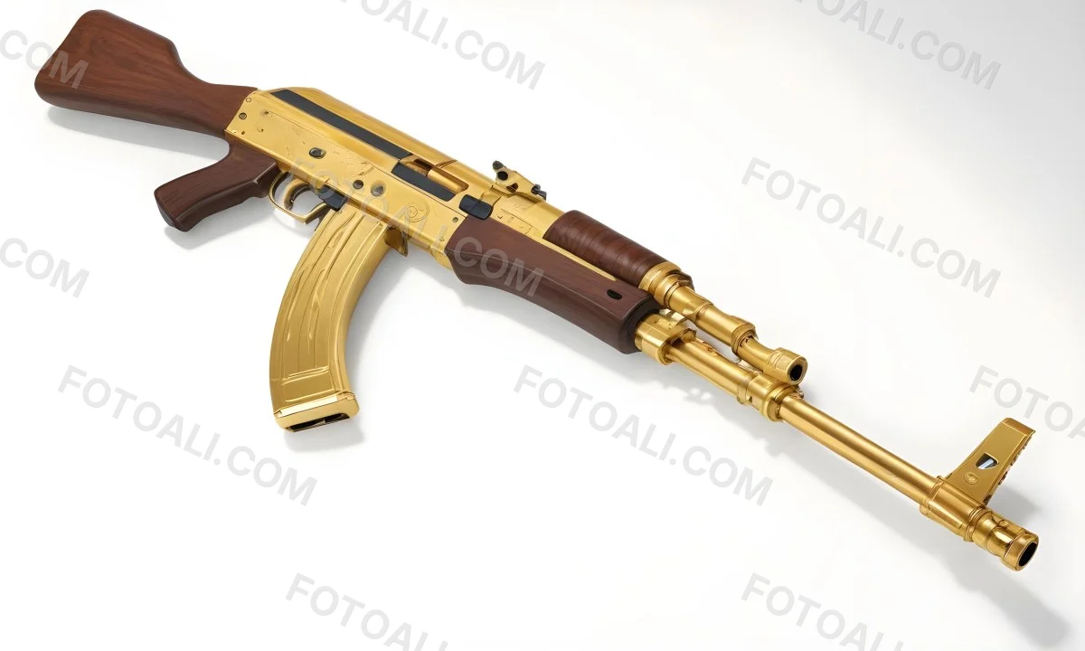 A Golden Ak 47 Assault Rifle With A Wooden Stock Featuring Silver Accents And A Synthetic Stock Set Against A Desert Landscape 11 8b47