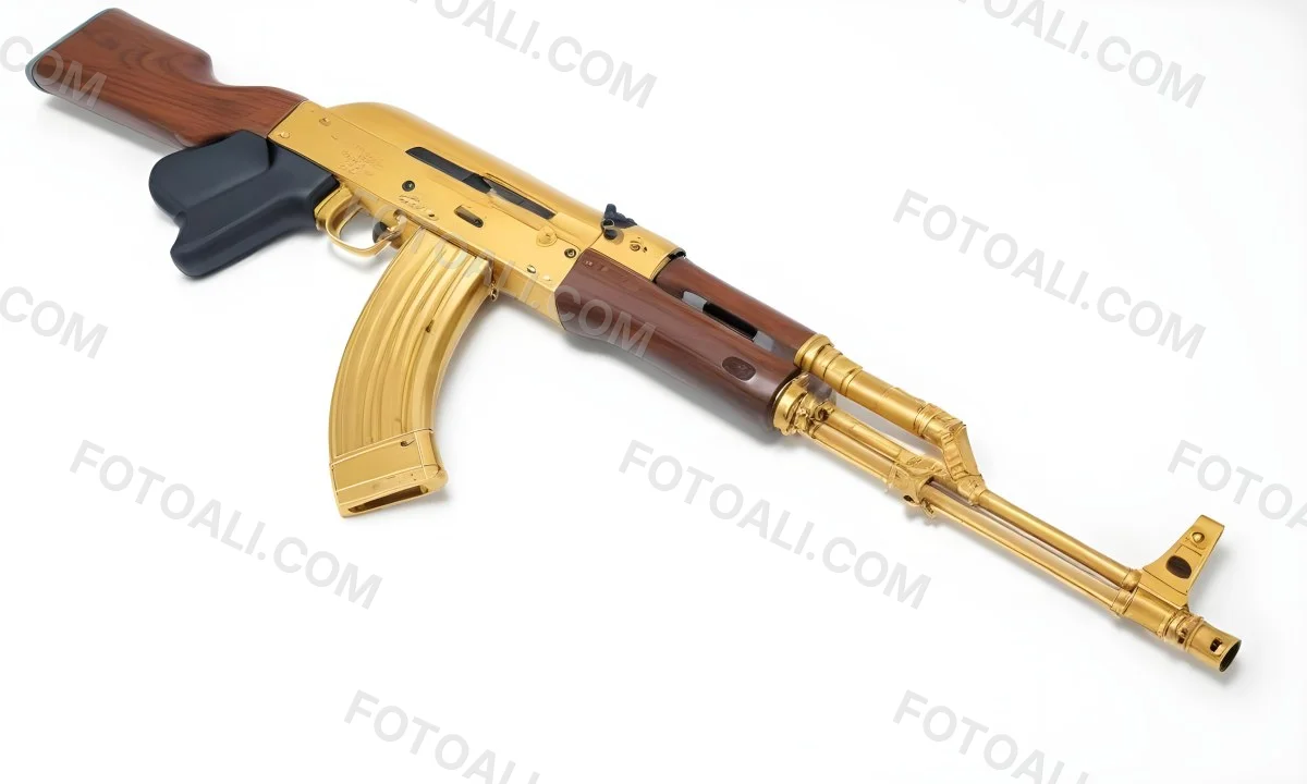 A Golden Ak 47 Assault Rifle With A Wooden Stock Featuring Silver Accents And A Synthetic Stock Set Against A Desert Landscape 12 F9cc