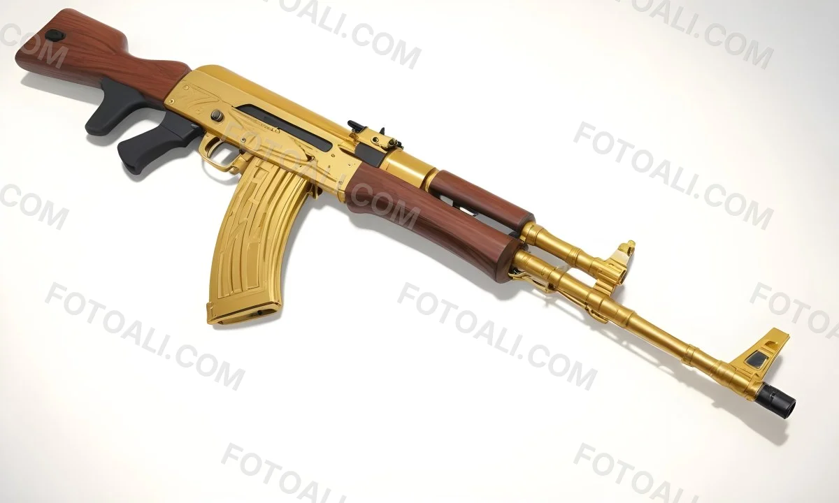 A Golden Ak 47 Assault Rifle With A Wooden Stock Featuring Silver Accents And A Synthetic Stock Set Against A Desert Landscape 3 1040