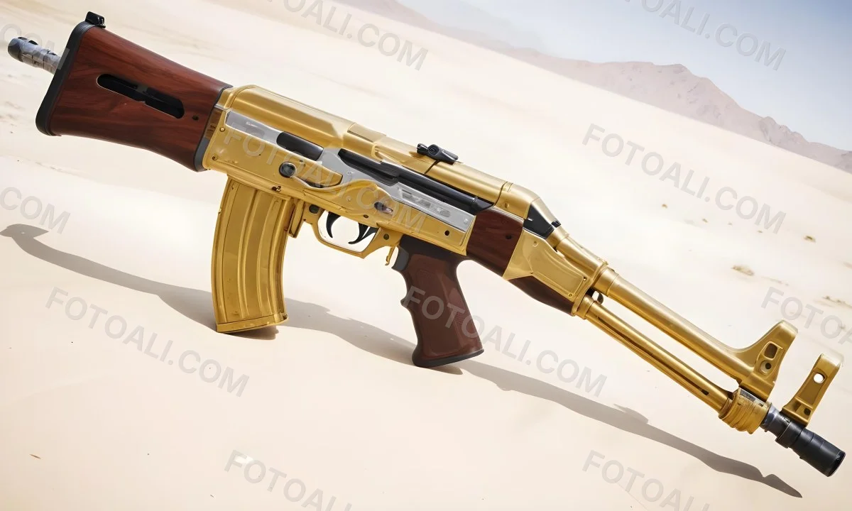A Golden Ak 47 Assault Rifle With A Wooden Stock Featuring Silver Accents And A Synthetic Stock Set Against A Desert Landscape 6 8f8d