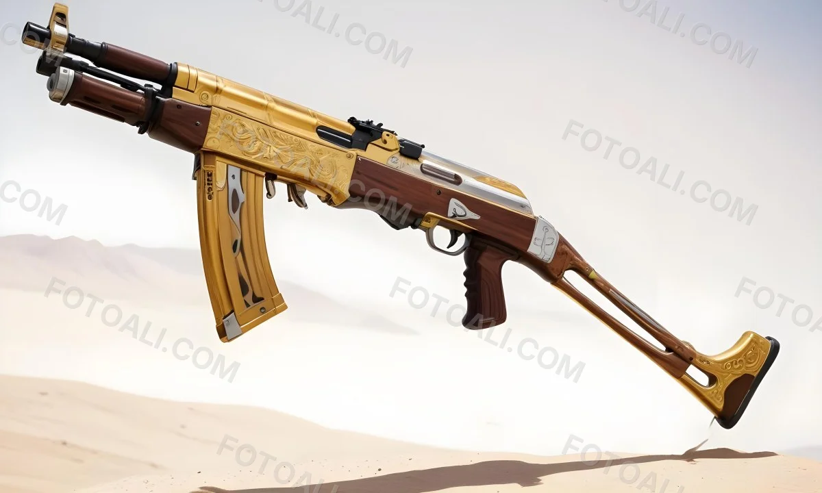 A Golden Ak 47 Assault Rifle With A Wooden Stock Featuring Silver Accents And A Synthetic Stock Set Against A Desert Landscape 9 315a
