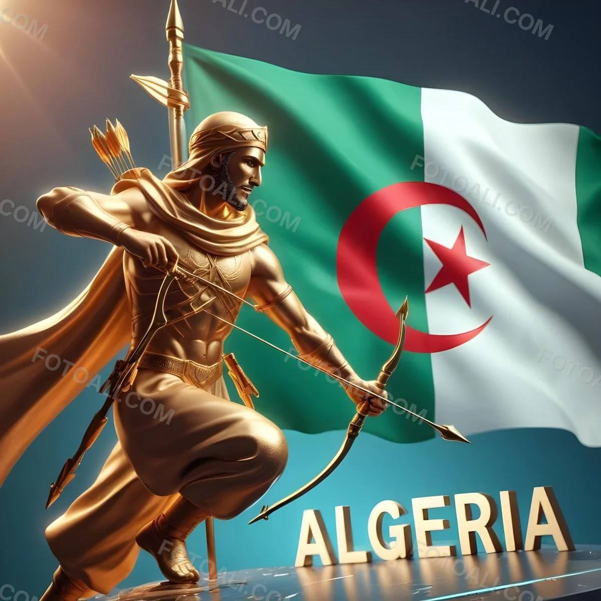 A Golden Arab Man With A Bow And Arrows In Front Of The Flag Of Algeria The Word Algeria In Capital Letters 1 3f5e