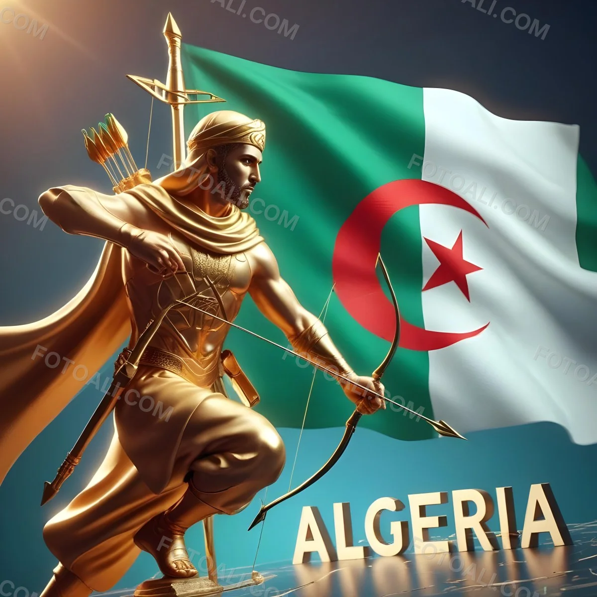 A Golden Arab Man With A Bow And Arrows In Front Of The Flag Of Algeria The Word Algeria In Capital Letters 2 0a67