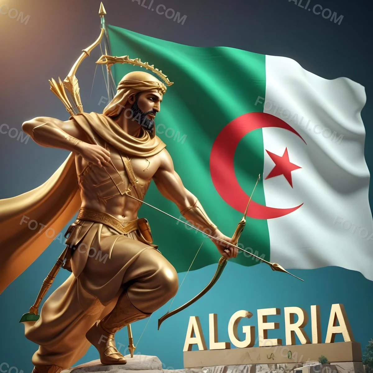 A Golden Arab Man With A Bow And Arrows In Front Of The Flag Of Algeria The Word Algeria In Capital Letters 3 A1e1