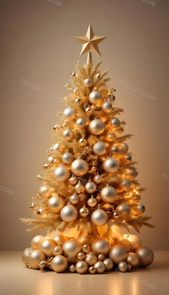 A Golden Christmas Tree With Ornaments And Stars Against A Light Background 1 0cb8