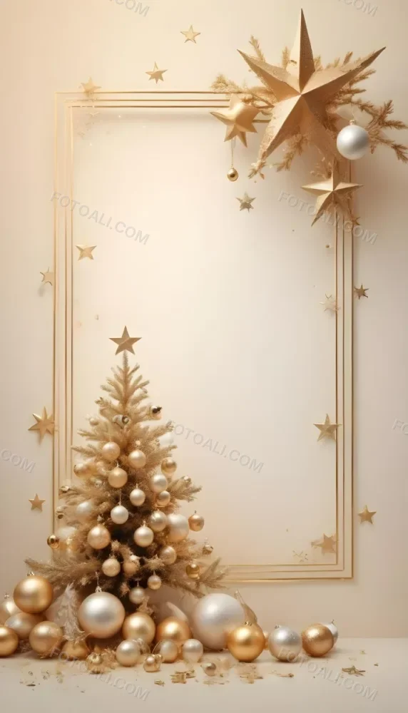 A Golden Christmas Tree With Ornaments And Stars Against A Light Background 35 4f1e