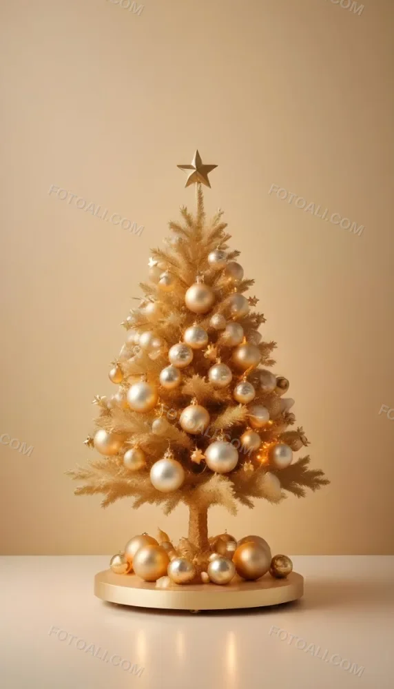 A Golden Christmas Tree With Ornaments And Stars Against A Light Background 5 4b34