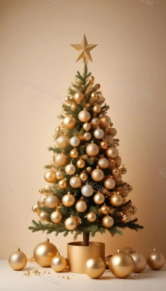 A Golden Christmas Tree With Ornaments And Stars Against A Light Background 6 5730